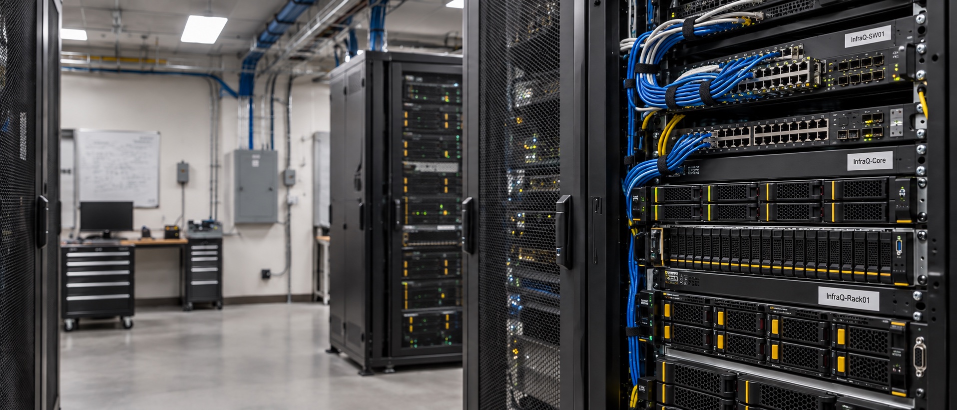 Serverraum mit Netzwerk-Switches und strukturierter Verkabelung