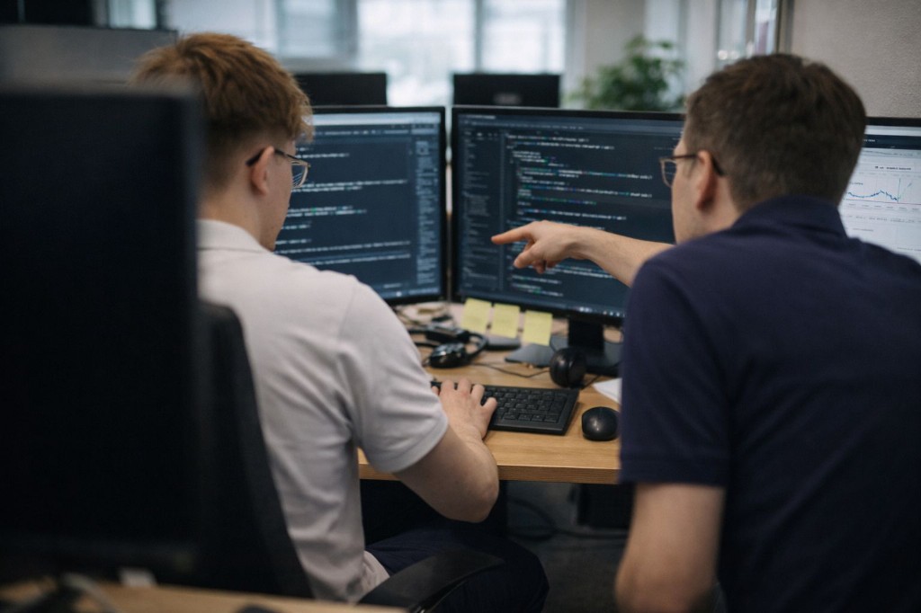 Zwei InfraQ-Mitarbeiter bei der gemeinsamen Arbeit an Code und Systemen